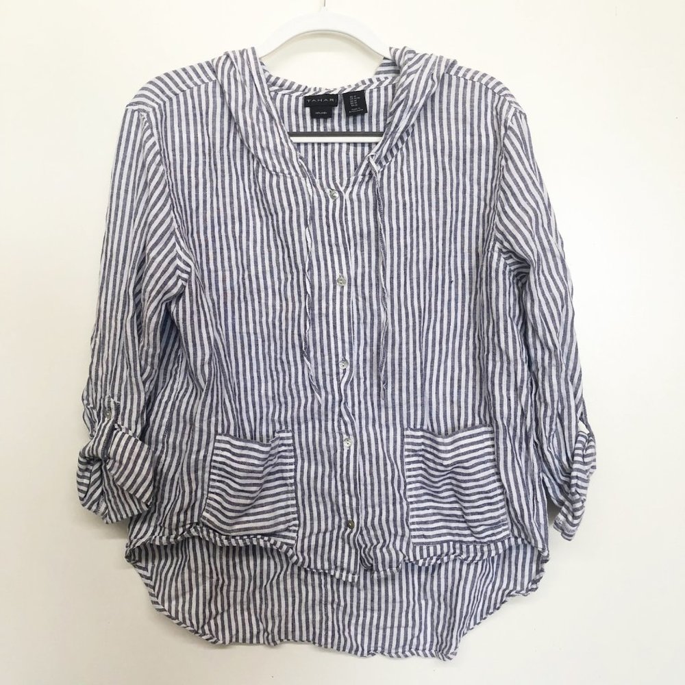 Tahari Blue White Stripe Linen Pullover Hooded Top M